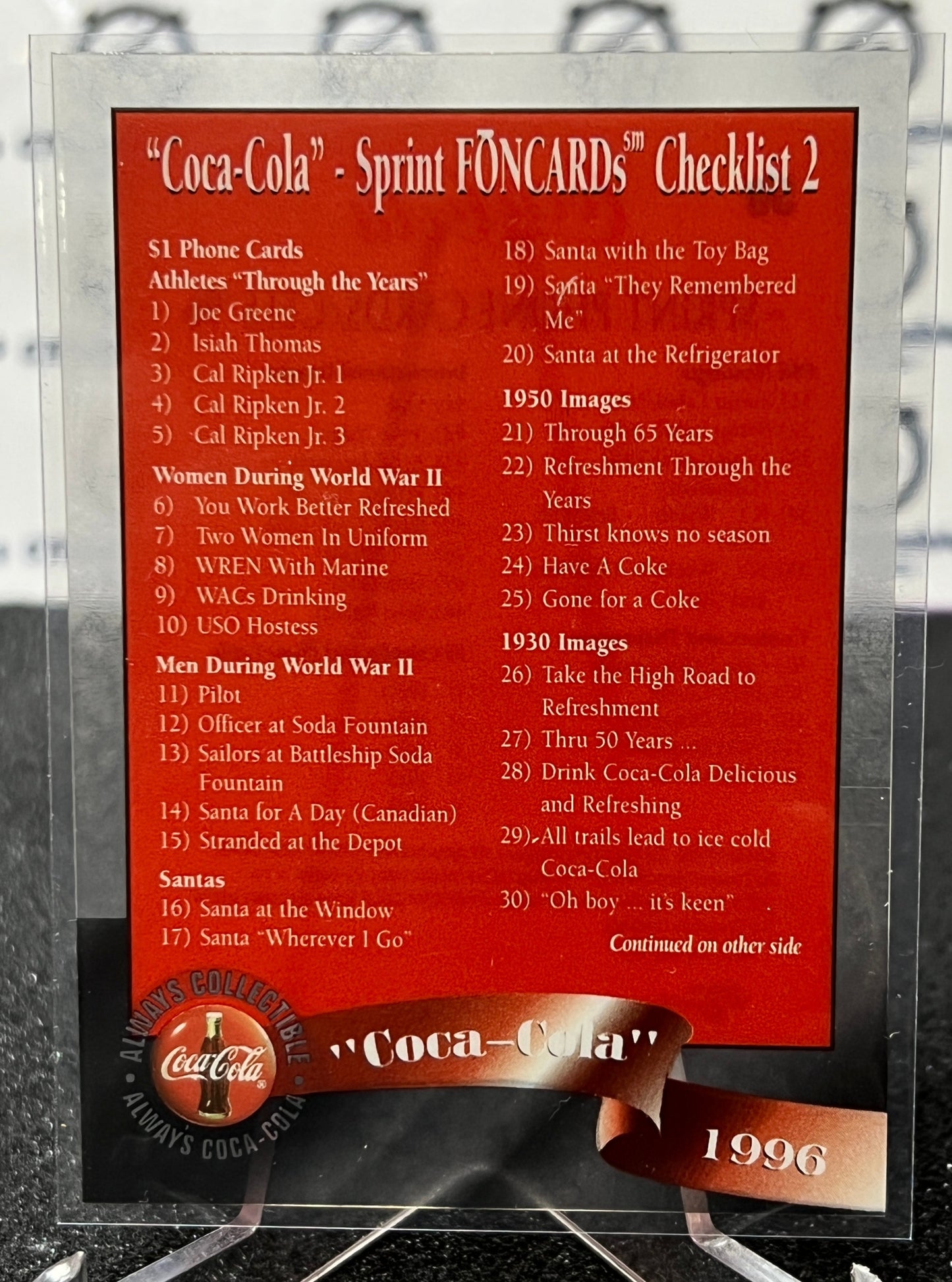 1996 COCA-COLA  SPRINT CELL CARD # 50 ALWAYS COLLECTABLE CHECKLIST COKE AD