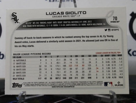 2022 TOPPS OPENING DAY LUCAS GIOLITO # 70 CHICAGO WHITE SOX BASEBALL