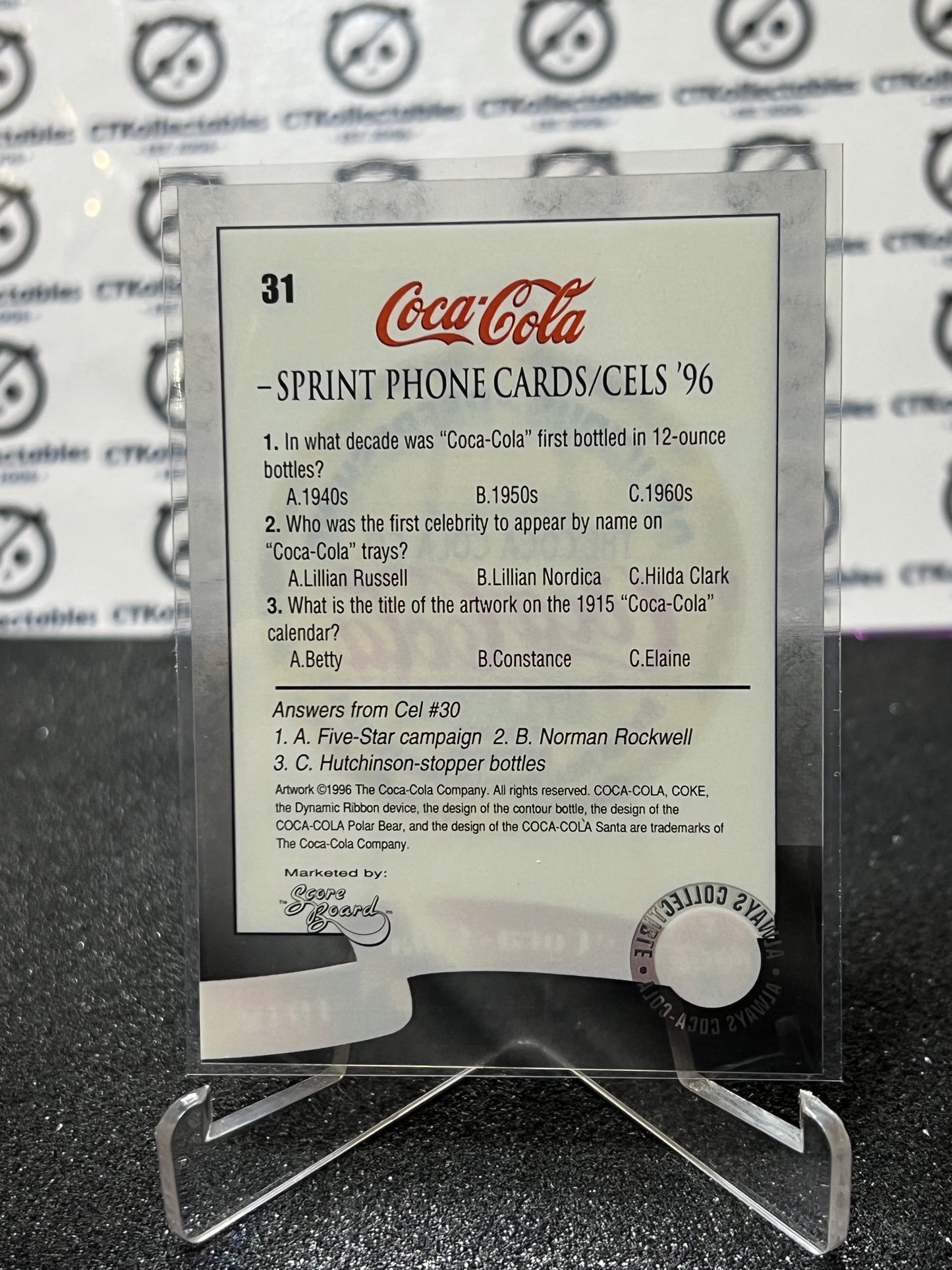 1996 COCA-COLA  SPRINT CELL CARD # 31 ALWAYS COLLECTABLE  COKE AD 1912