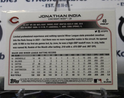 2022 TOPPS OPENING DAY JONATHAN INDIA # 40 ALL STAR ROOKIE CINCINNATI REDS BASEBALL