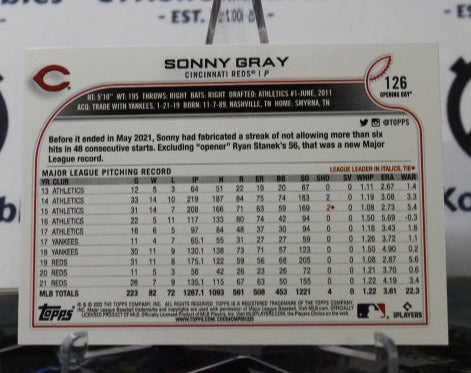 2022 TOPPS OPENING DAY SONNY GRAY # 126  CINCINNATI REDS BASEBALL