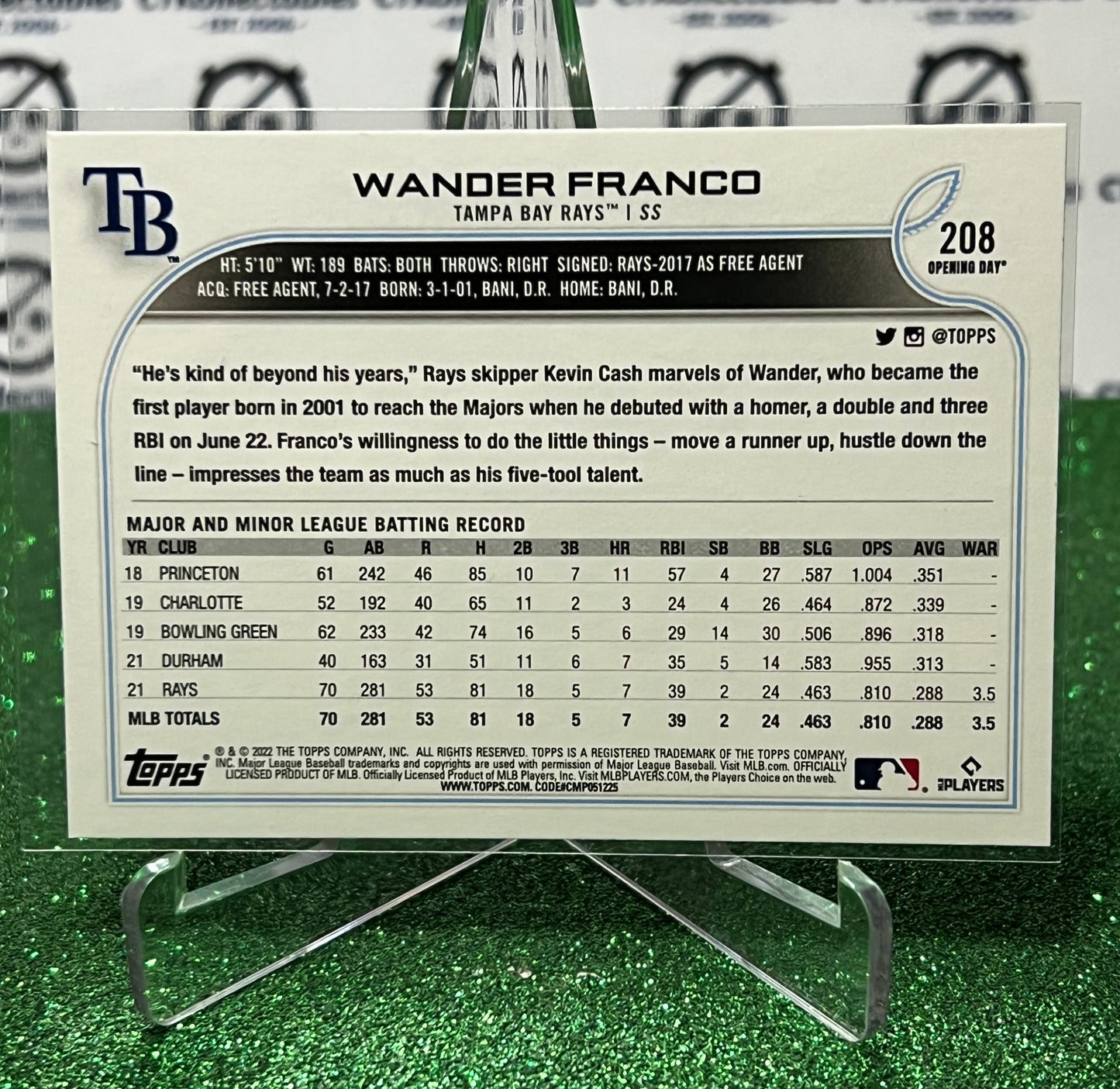 2022 TOPPS OPENING DAY WANDER FRANCO # 208 ALL-STAR ROOKIE TAMPA BAY RAYS BASEBALL