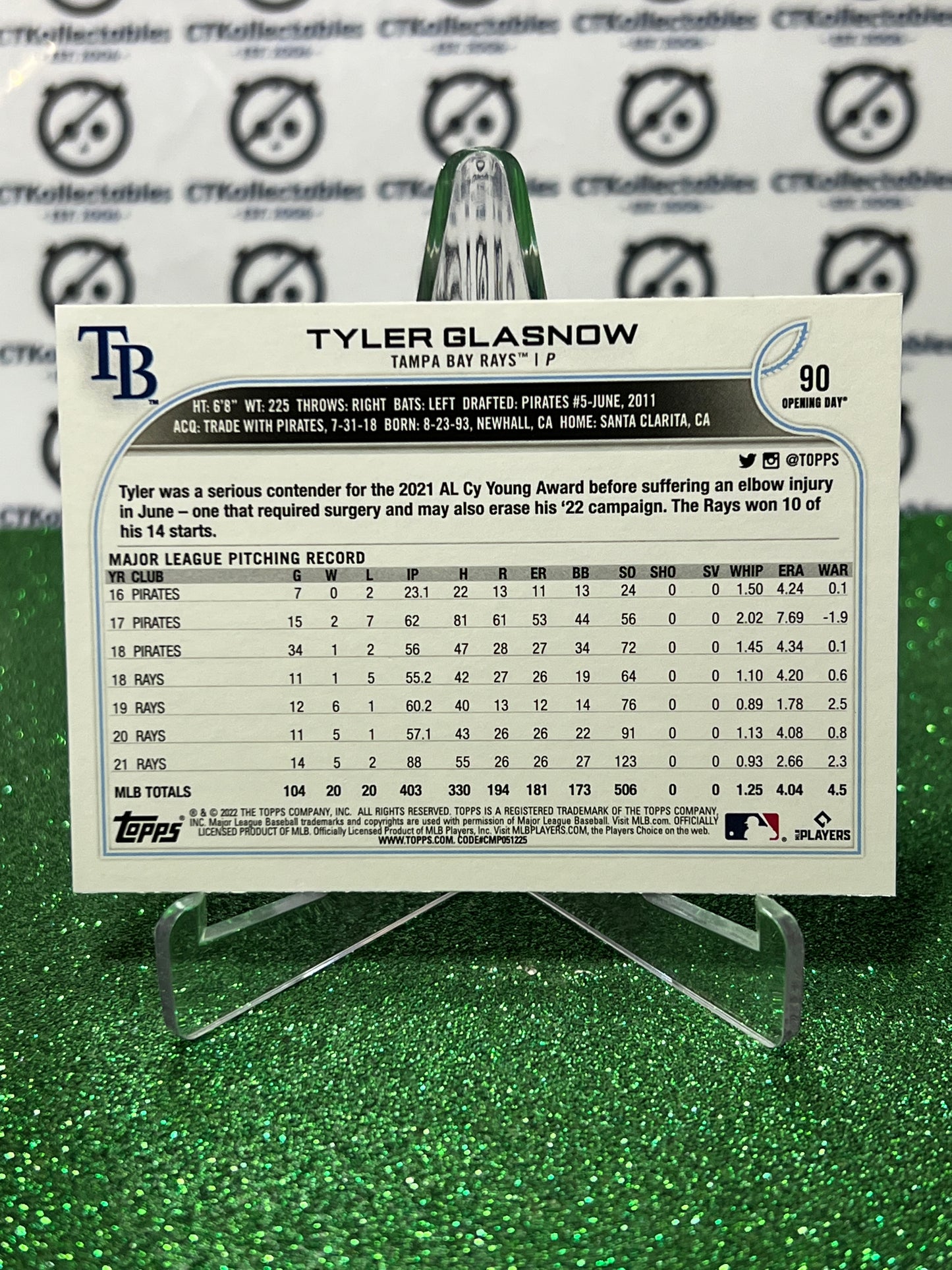 2022 TOPPS OPENING DAY TYLER GLASNOW # 90 TAMPA BAY RAYS BASEBALL