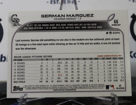 2022 TOPPS OPENING DAY GERMAN MARQUEZ # 66  COLORADO ROCKIES  BASEBALL