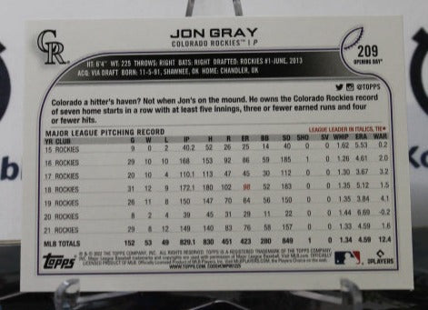 2022 TOPPS OPENING DAY JON GRAY # 209  COLORADO ROCKIES  BASEBALL