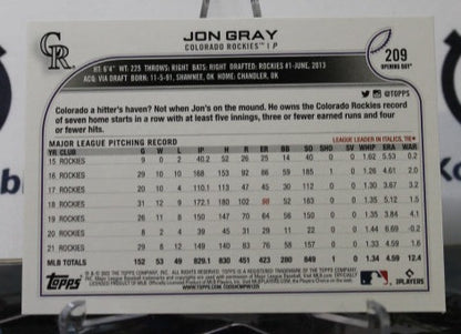 2022 TOPPS OPENING DAY JON GRAY # 209  COLORADO ROCKIES  BASEBALL