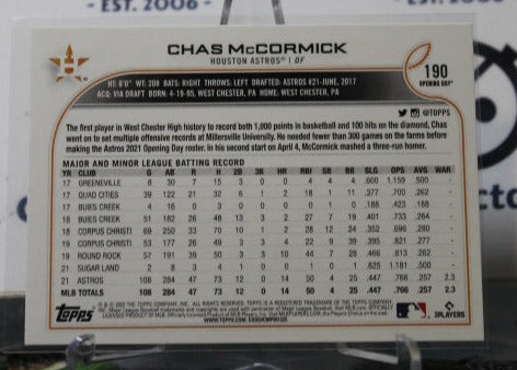 2022 TOPPS OPENING DAY CHAS McCORMICK # 190 ROOKIE HOUSTON ASTROS BASEBALL