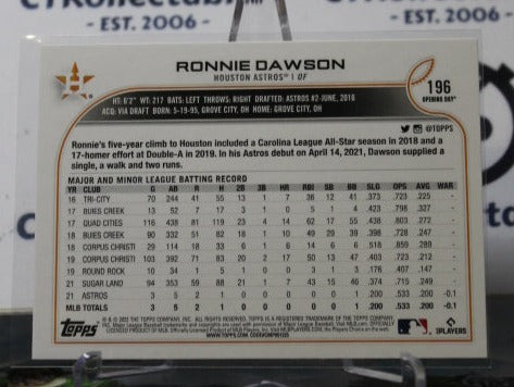 2022 TOPPS OPENING DAY RONNIE DAWSON # 196 ROOKIE HOUSTON ASTROS BASEBALL