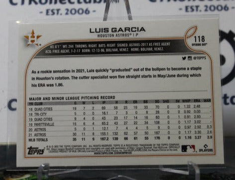 2022 TOPPS OPENING DAY LUIS GARCIA # 118 ALL-STAR ROOKIE HOUSTON ASTROS BASEBALL