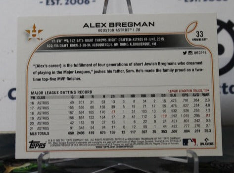 2022 TOPPS OPENING DAY ALEX BREGMAN # 33 HOUSTON ASTROS BASEBALL