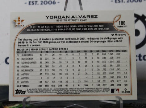 2022 TOPPS OPENING DAY YORDAN ALVAREZ # 106 HOUSTON ASTROS BASEBALL