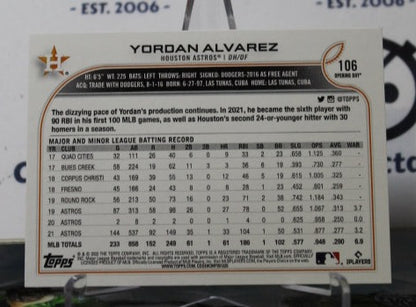 2022 TOPPS OPENING DAY YORDAN ALVAREZ # 106 HOUSTON ASTROS BASEBALL