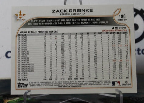 2022 TOPPS OPENING DAY ZACK GREINKE # 180 HOUSTON ASTROS BASEBALL