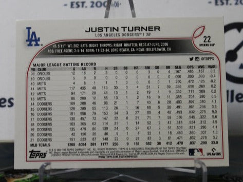 2022 TOPPS OPENING DAY JUSTIN TURNER # 22  LOS ANGELES DODGERS BASEBALL