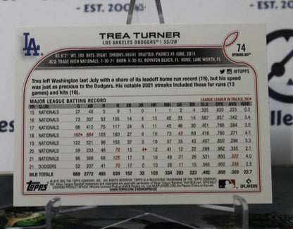 2022 TOPPS OPENING DAY TREA TURNER # 74  LOS ANGELES DODGERS BASEBALL