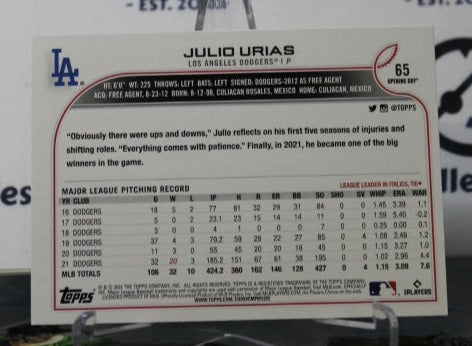 2022 TOPPS OPENING DAY JULIO URIAS # 65  LOS ANGELES DODGERS BASEBALL