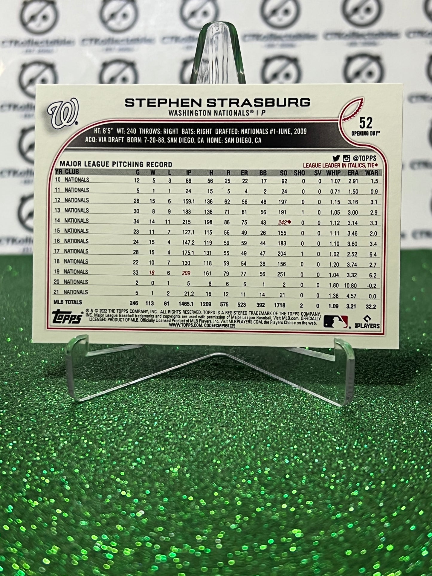 2022 TOPPS OPENING DAY STEPHEN STRASBURG # 52 WASHINGTON NATIONALS BASEBALL CARD