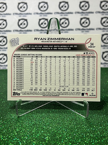 2022 TOPPS OPENING DAY RYAN ZIMMERMAN # 34 WASHINGTON NATIONALS BASEBALL CARD