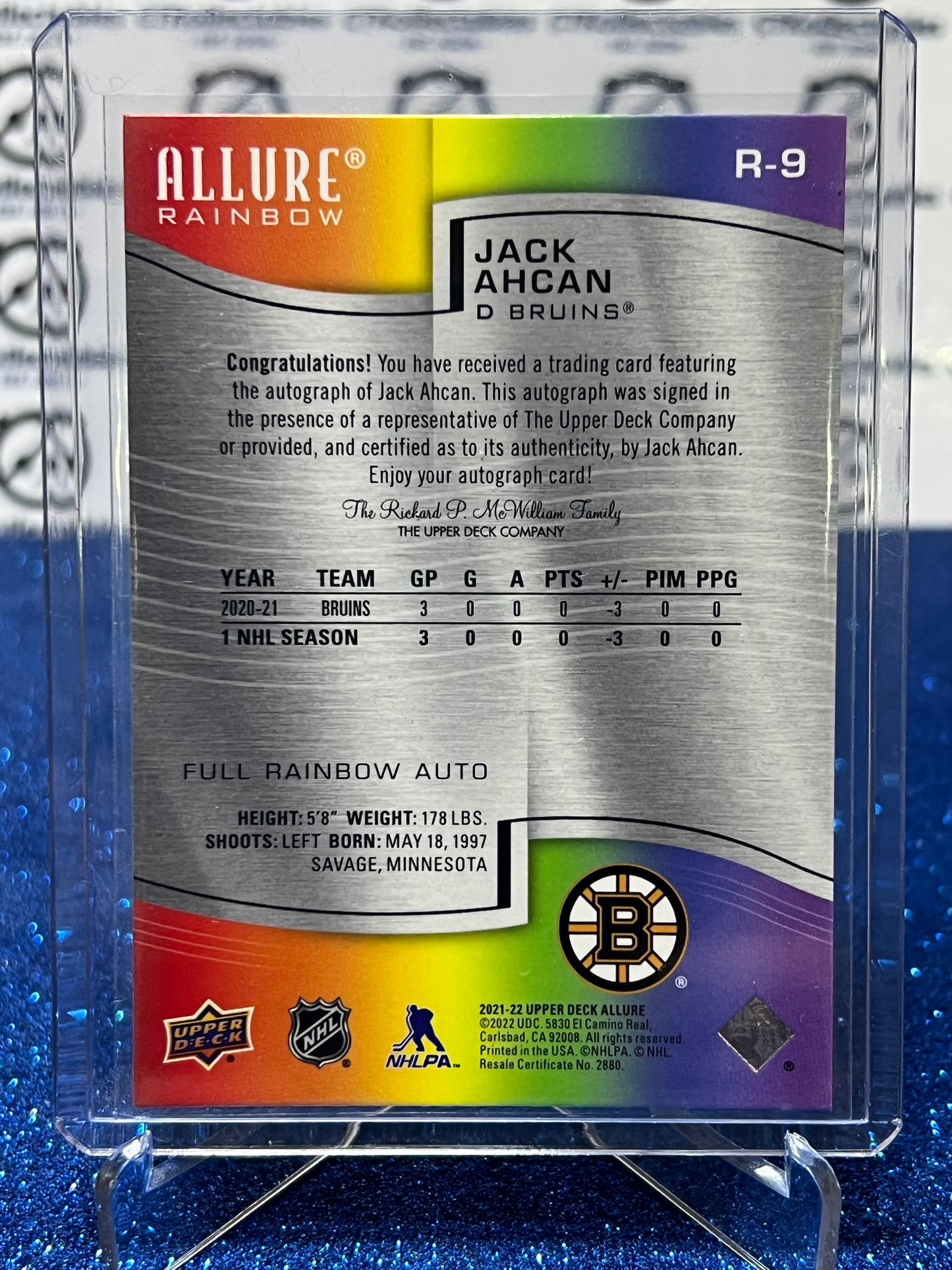 2021-22 UPPER DECK ALLURE JACK AHCAN # R-9 ROOKIE FULL RAINBOW AUTO  BOSTON BRUINS HOCKEY CARD