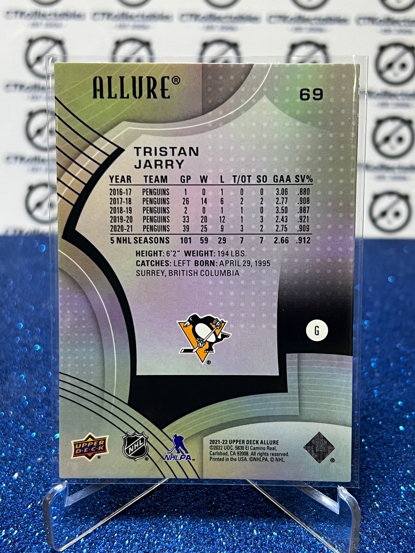 2021-22 UPPER DECK ALLURE TRISTAN JARRY # 69 PITTSBURGH PENGUINS NHL HOCKEY TRADING CARD