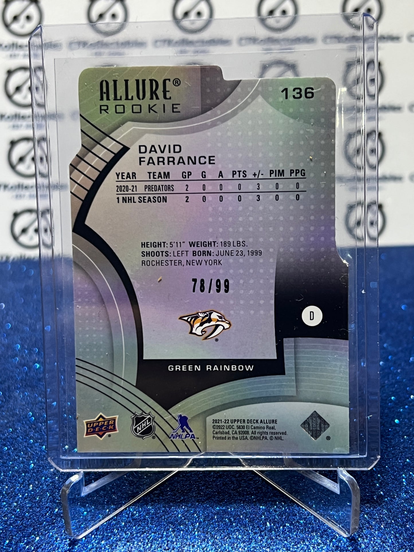 2021-22 UPPER DECK ALLURE DAVID FARRANCE # 136 ROOKIE GREEN DIE CUT /99 NASHVILLE PREDATORS NHL HOCKEY TRADING CARD