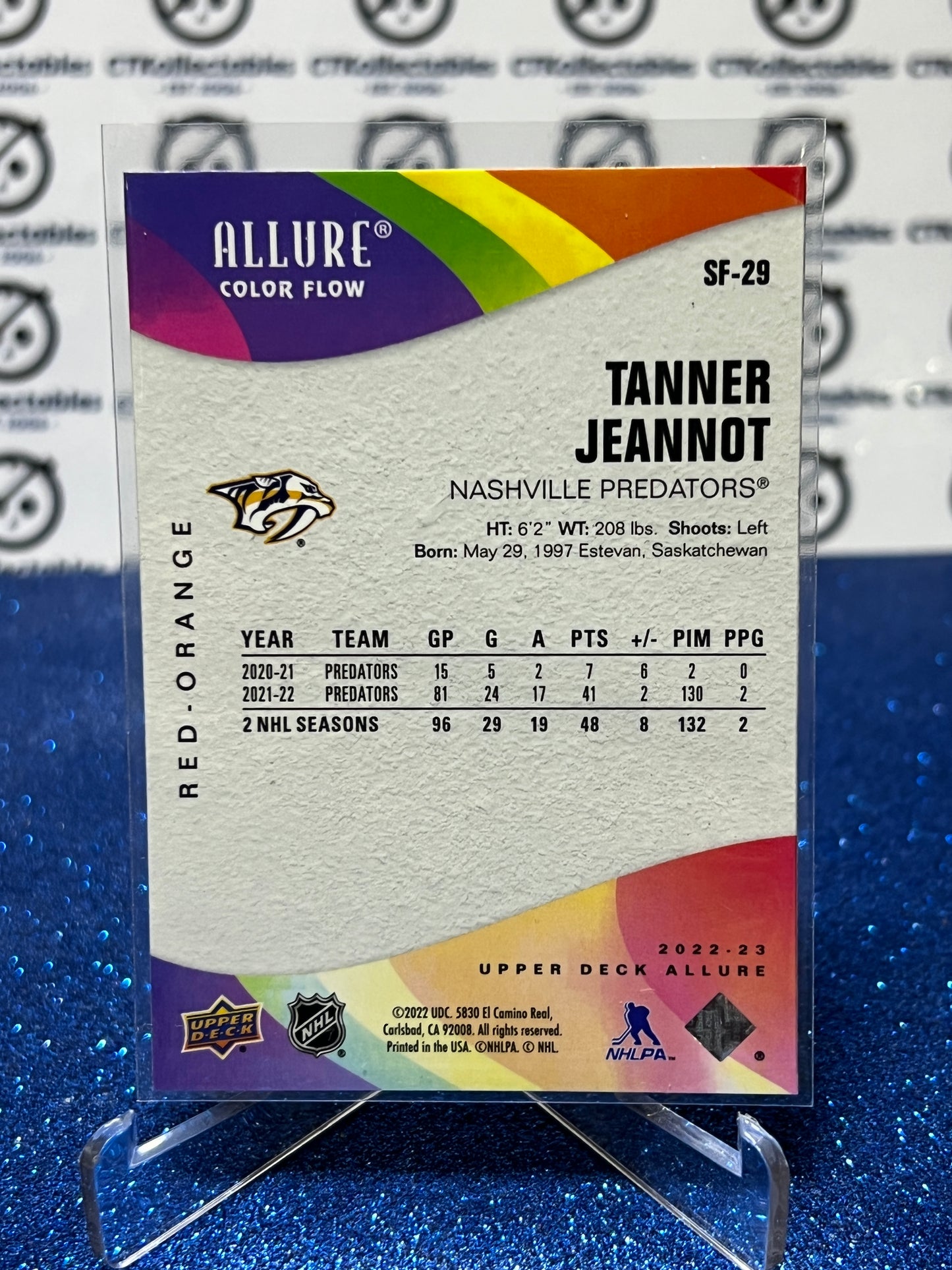 2022-23 UPPER DECK ALLURE TANNER JEANNOT # SF-29 RED/ORANGE NASHVILLE PREDATORS NHL HOCKEY TRADING CARD