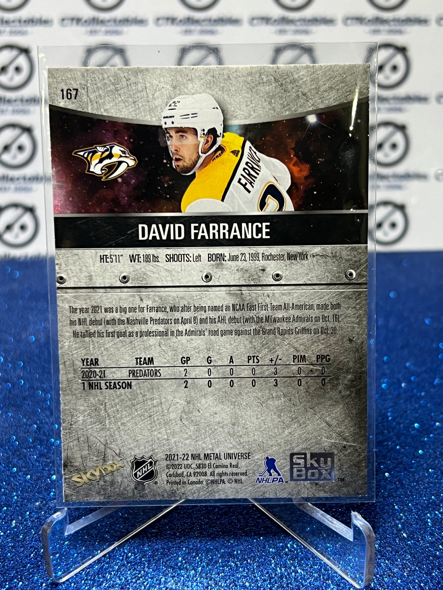 2021-22 SKYBOX METAL DAVID FARRANCE # 167 ROOKIE NASHVILLE PREDATORS NHL HOCKEY TRADING CARD