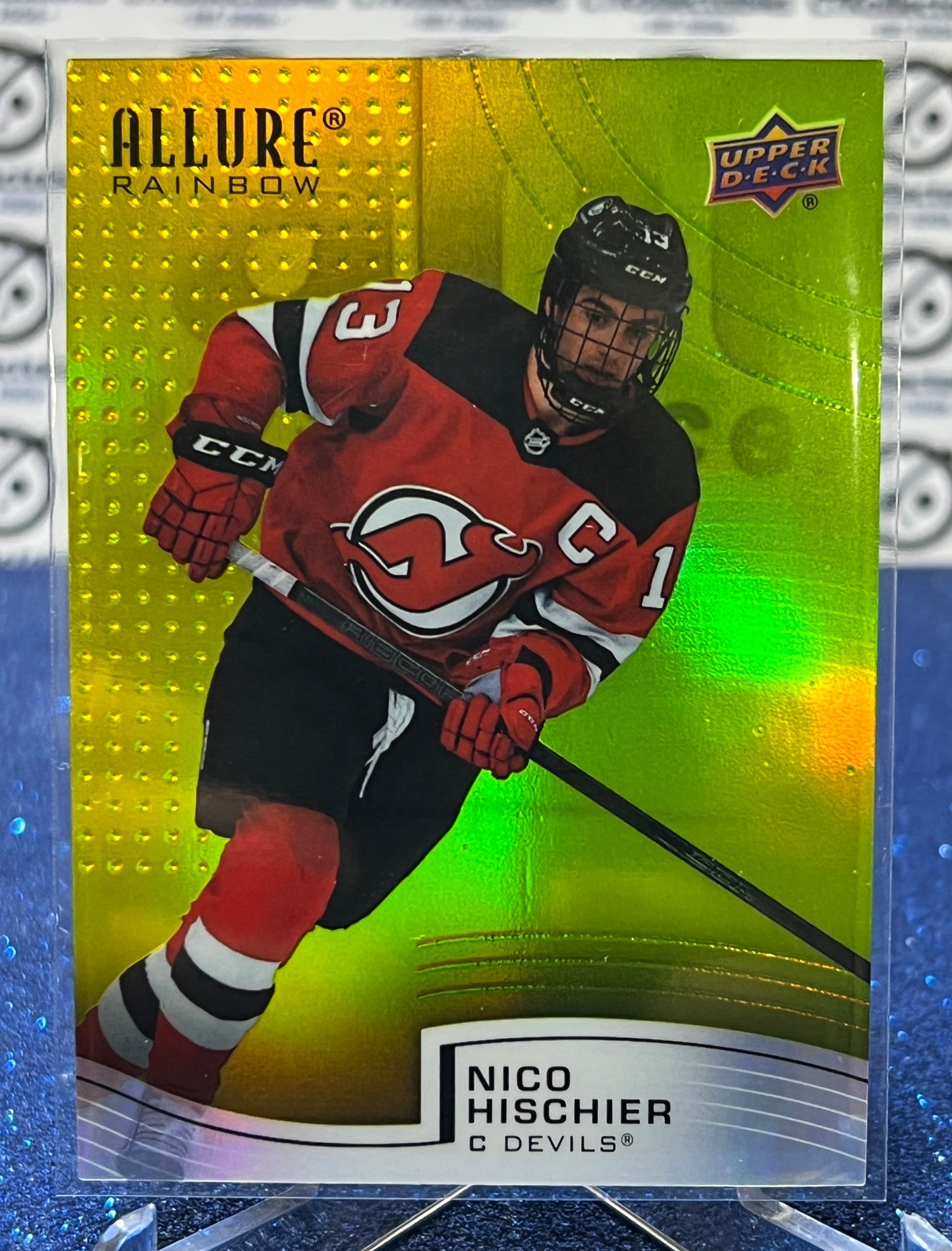 2021-22 UPPER DECK ALLURE NICO HISCHIER # R-75 YELLOW/GREEN  NEW JERSEY DEVILS  NHL HOCKEY TRADING CARD