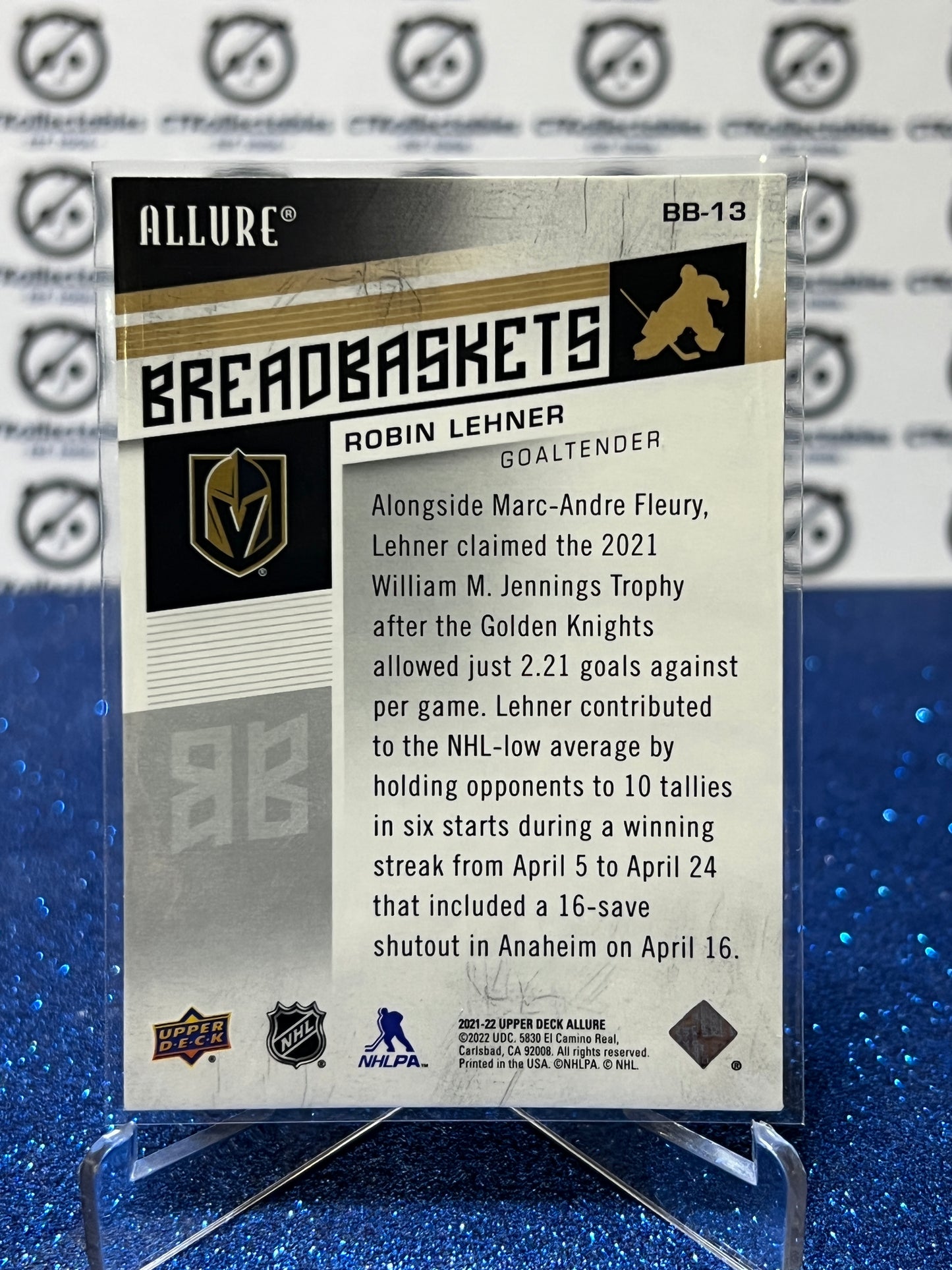 2021-22 UPPER DECK ALLURE ROBIN LEHNER # BB-13 BREADBASKETS  NHL GOLDEN KNIGHTS HOCKEY CARD