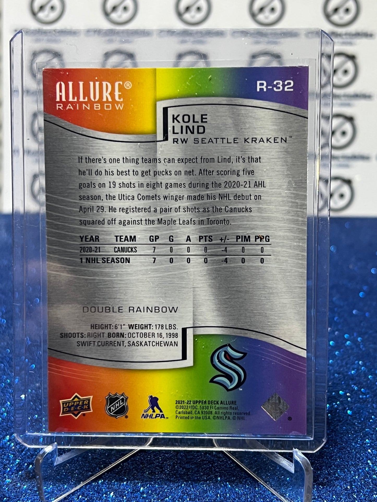 2021-22 UPPER DECK ALLURE KOLE LIND # R-32 ROOKIE DOUBLE RAINBOW CANUCKS / KRAKEN NHL HOCKEY TRADING CARD