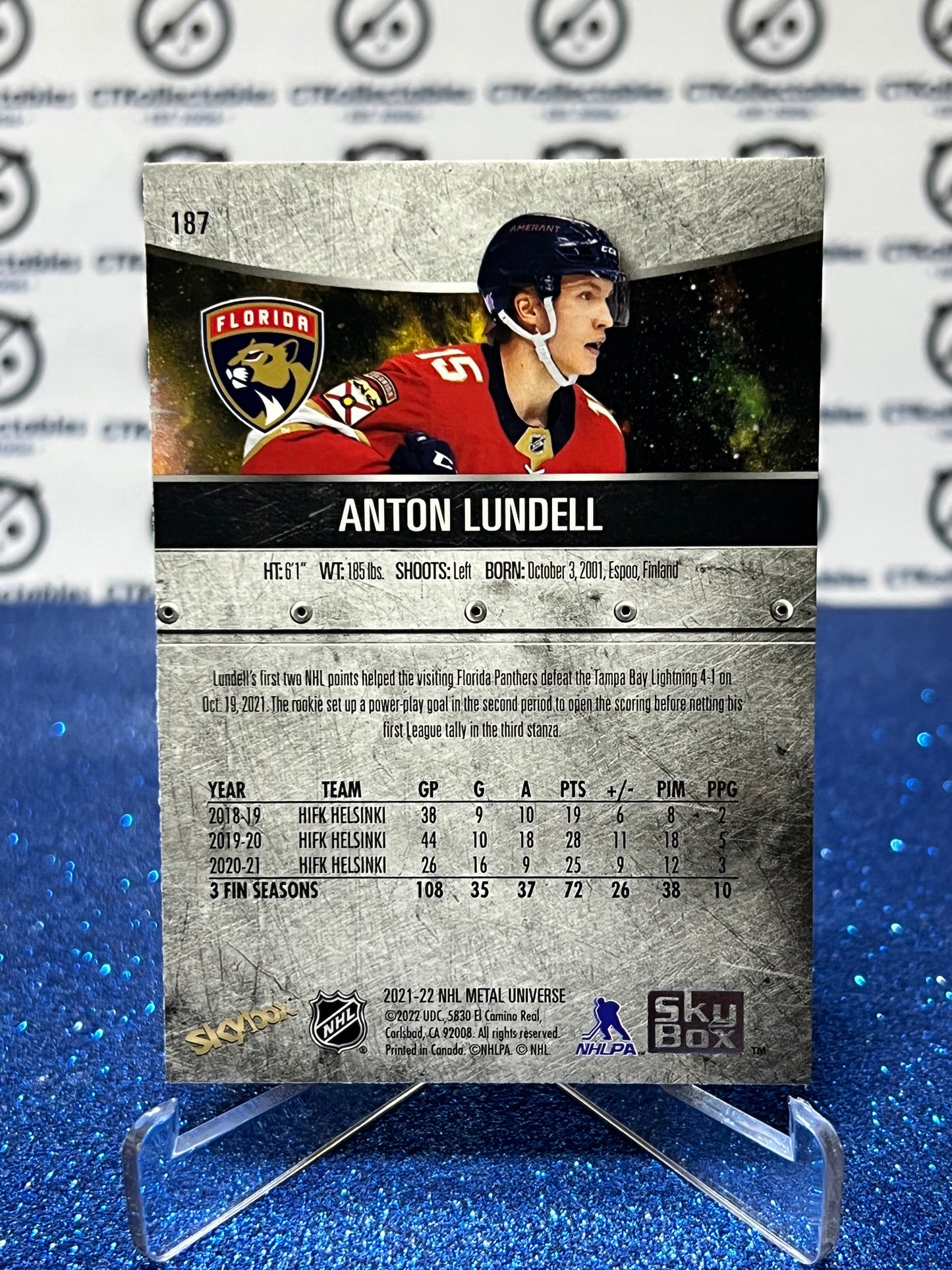 2021-22 SKYBOX METAL ANTON LUNDELL # 187 ROOKIE FLORIDA PANTHERS HOCKEY CARD