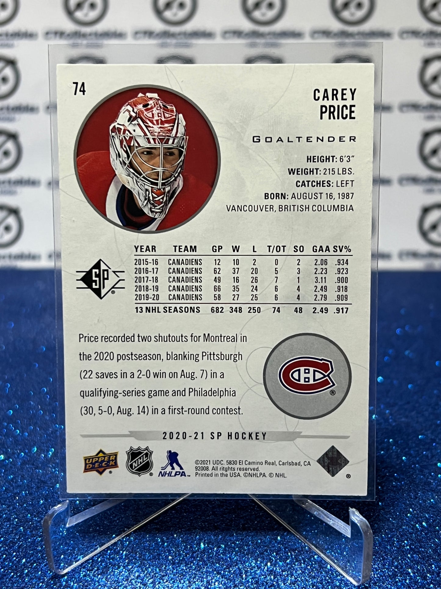 2020-21 UPPER DECK SP CAREY PRICE # 74  MONTREAL CANADIANS HOCKEY CARD
