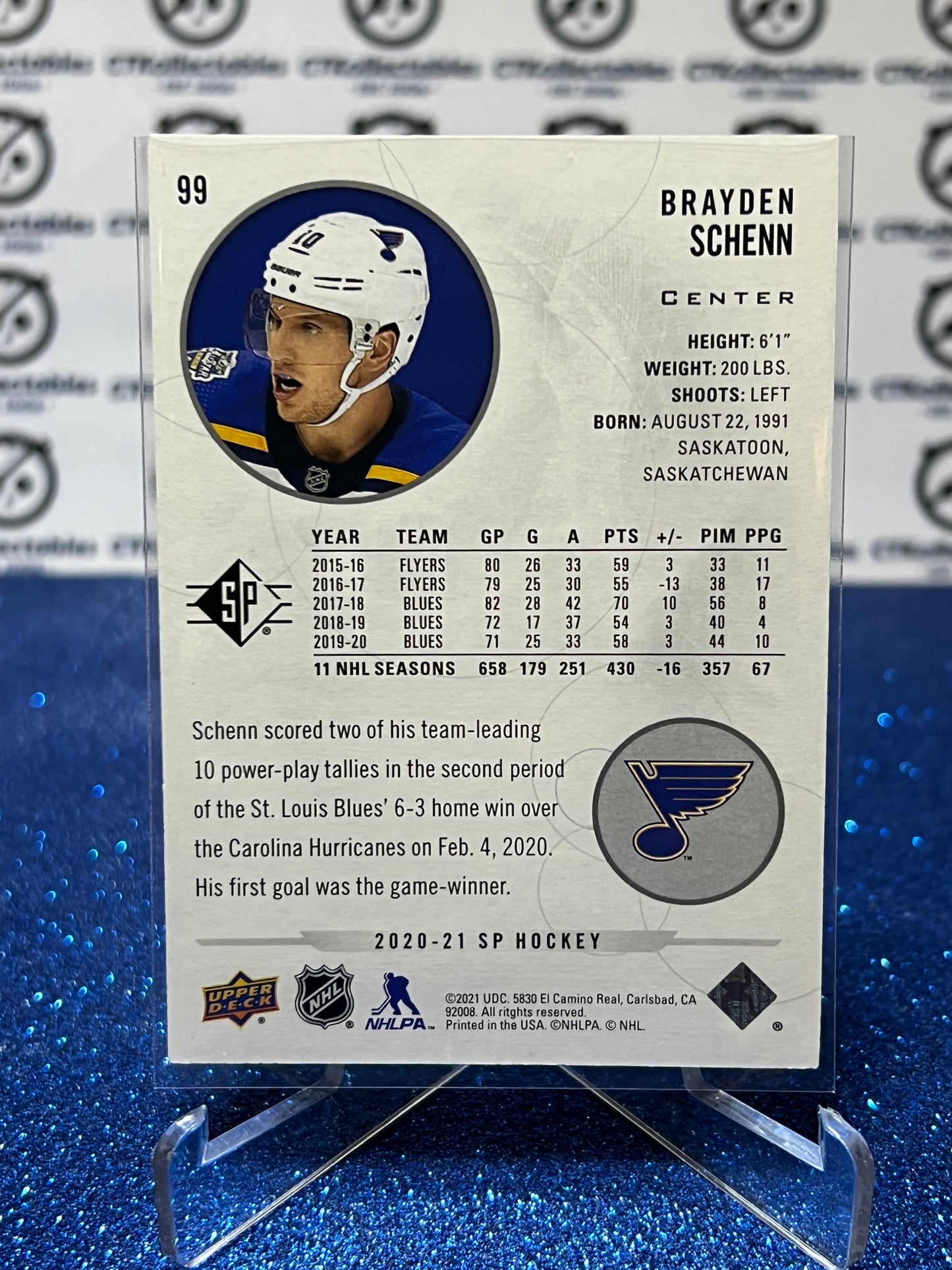 2020-21 UPPER DECK SP BRAYDEN SCHENN # 99 ST. LOUIS BLUES HOCKEY CARD