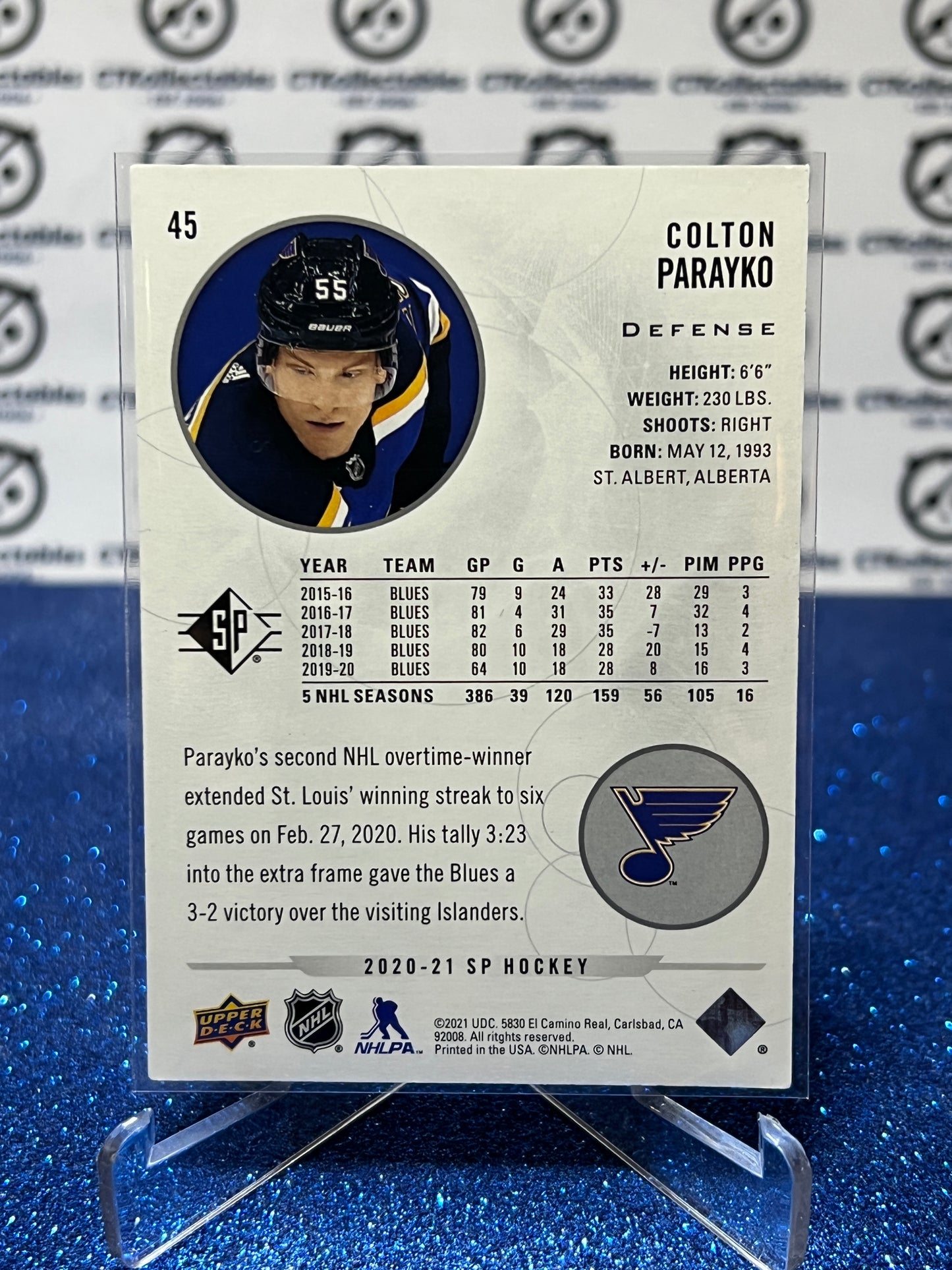 2020-21 UPPER DECK SP COLTON PARAYKO # 45 ST. LOUIS BLUES HOCKEY CARD