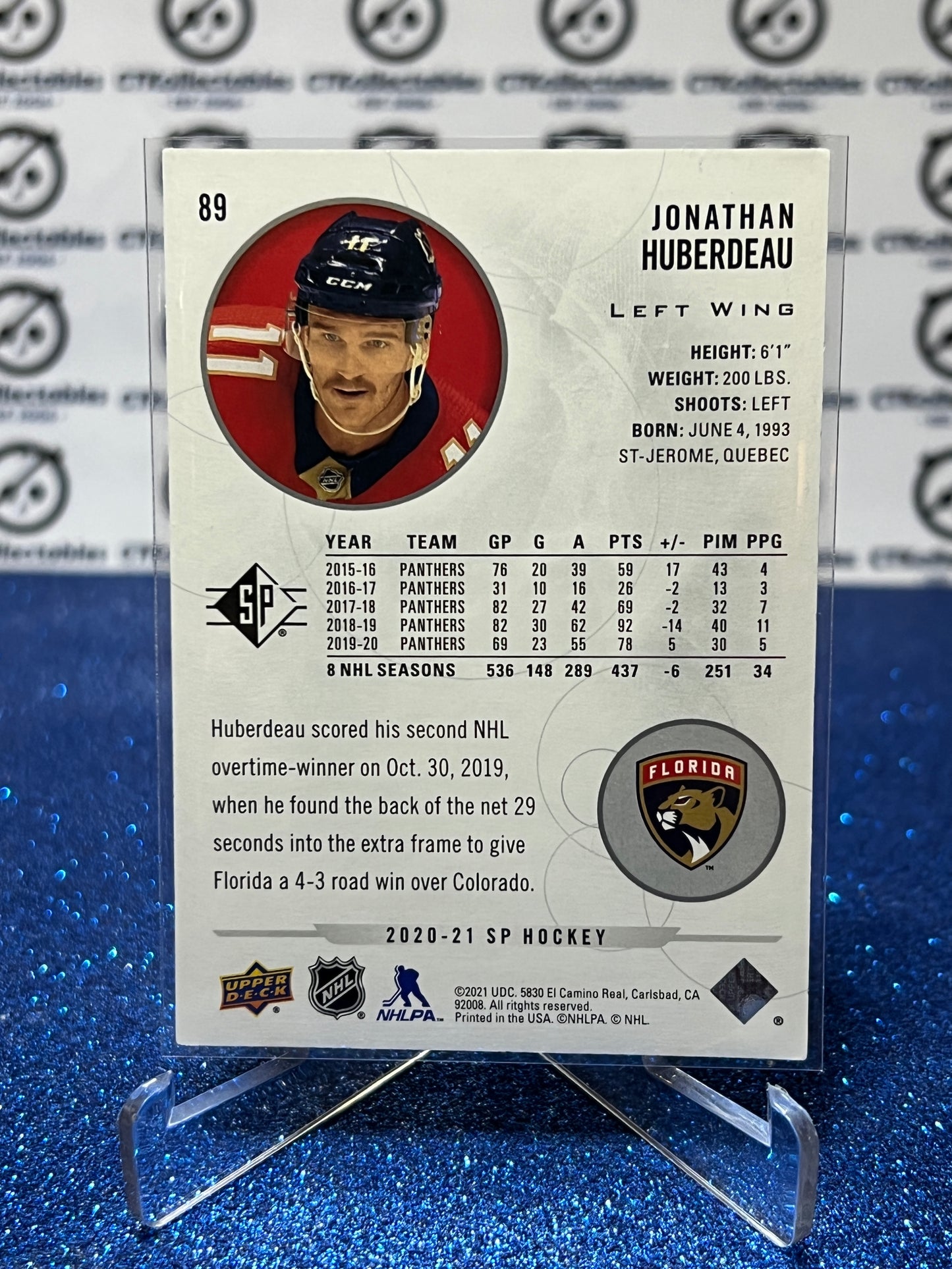 2020-21 UPPER DECK JONATHAN HUBERDEAU # 89 FLORIDA PANTHERS HOCKEY CARD