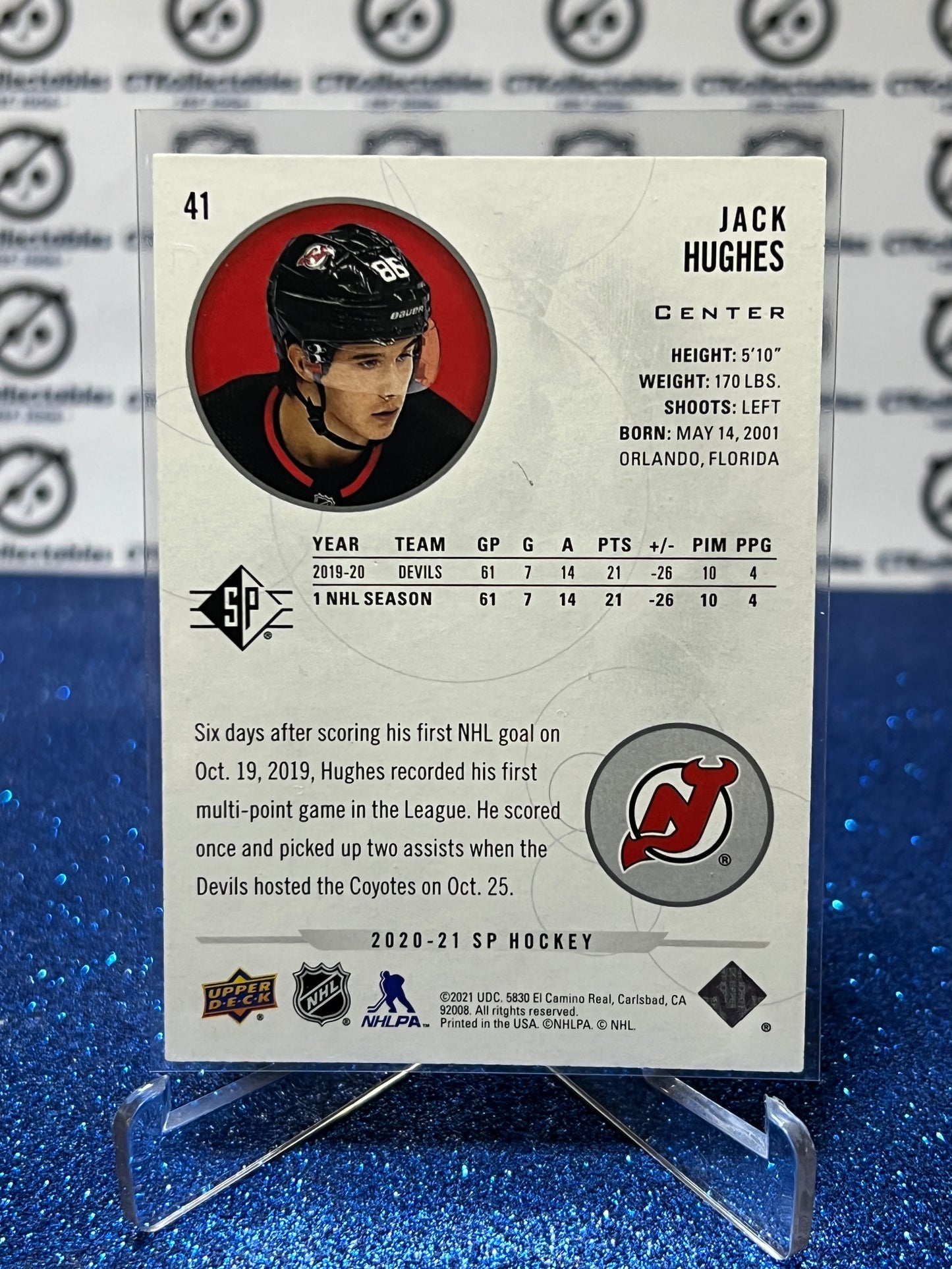 2020-21 UPPER DECK SP JACK HUGHES # 41 ROOKIE NEW JERSEY DEVILS  HOCKEY CARD