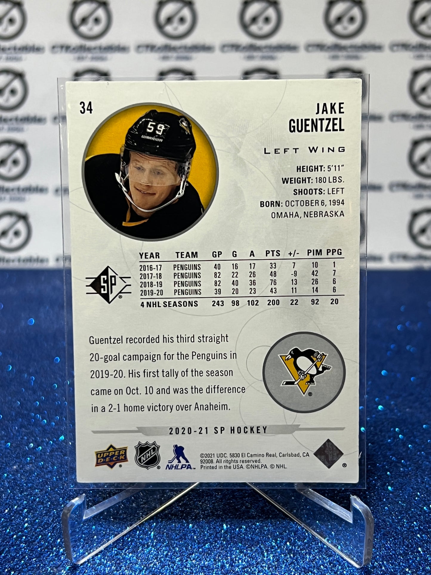 2020-21 UPPER DECK JAKE GUENTZEL # 34  PITTSBURGH PENGUINS HOCKEY CARD