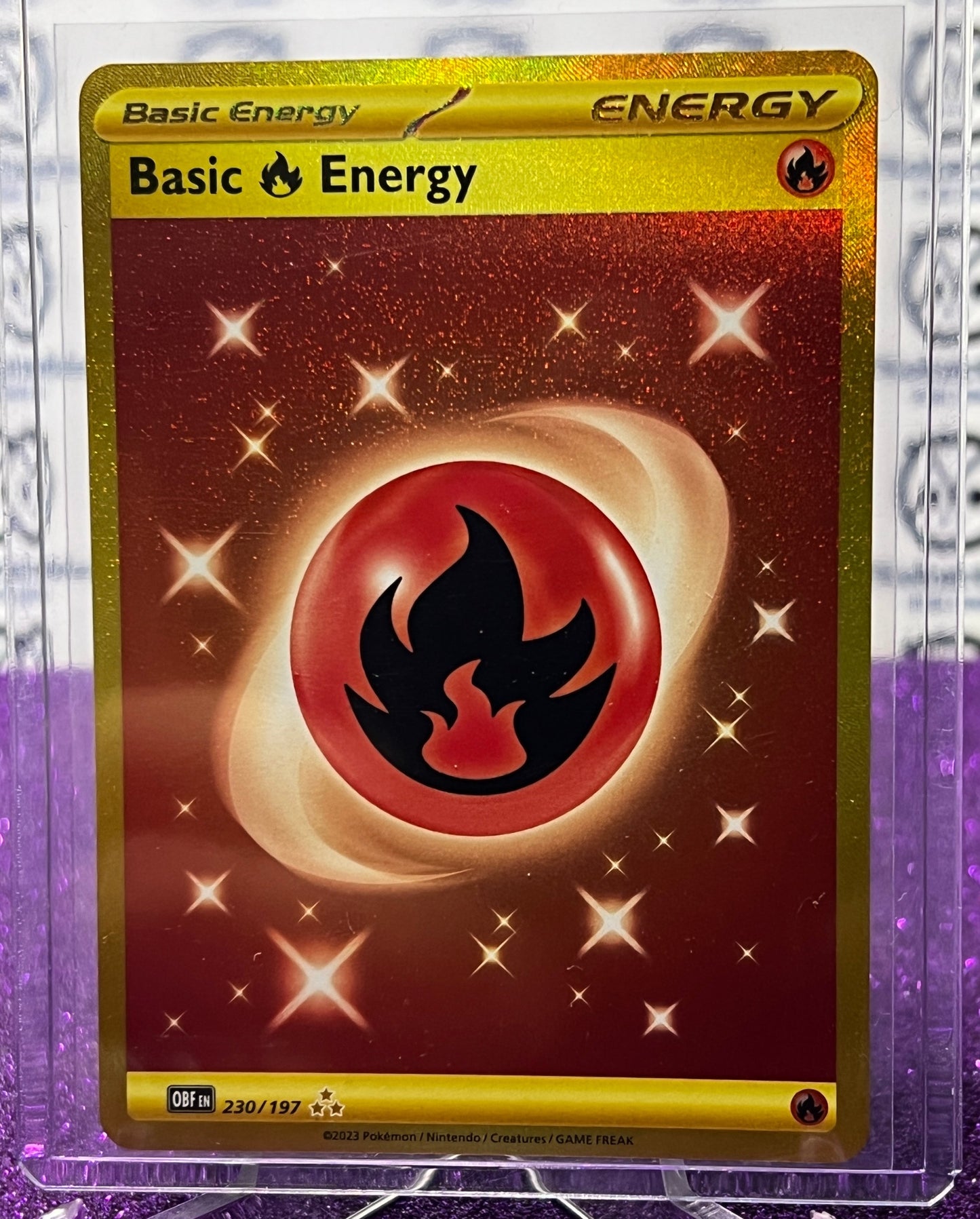 2023  OBSIDIAN FLAMES POKEMON CARD BASIC FIRE ENERGY # 230/197 GOLD SECRET RARE