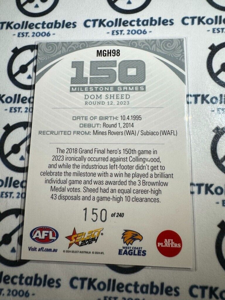 2024 AFL Footy Stars Milestone Games Hobby Dom Sheed 150/240 Milestone Number