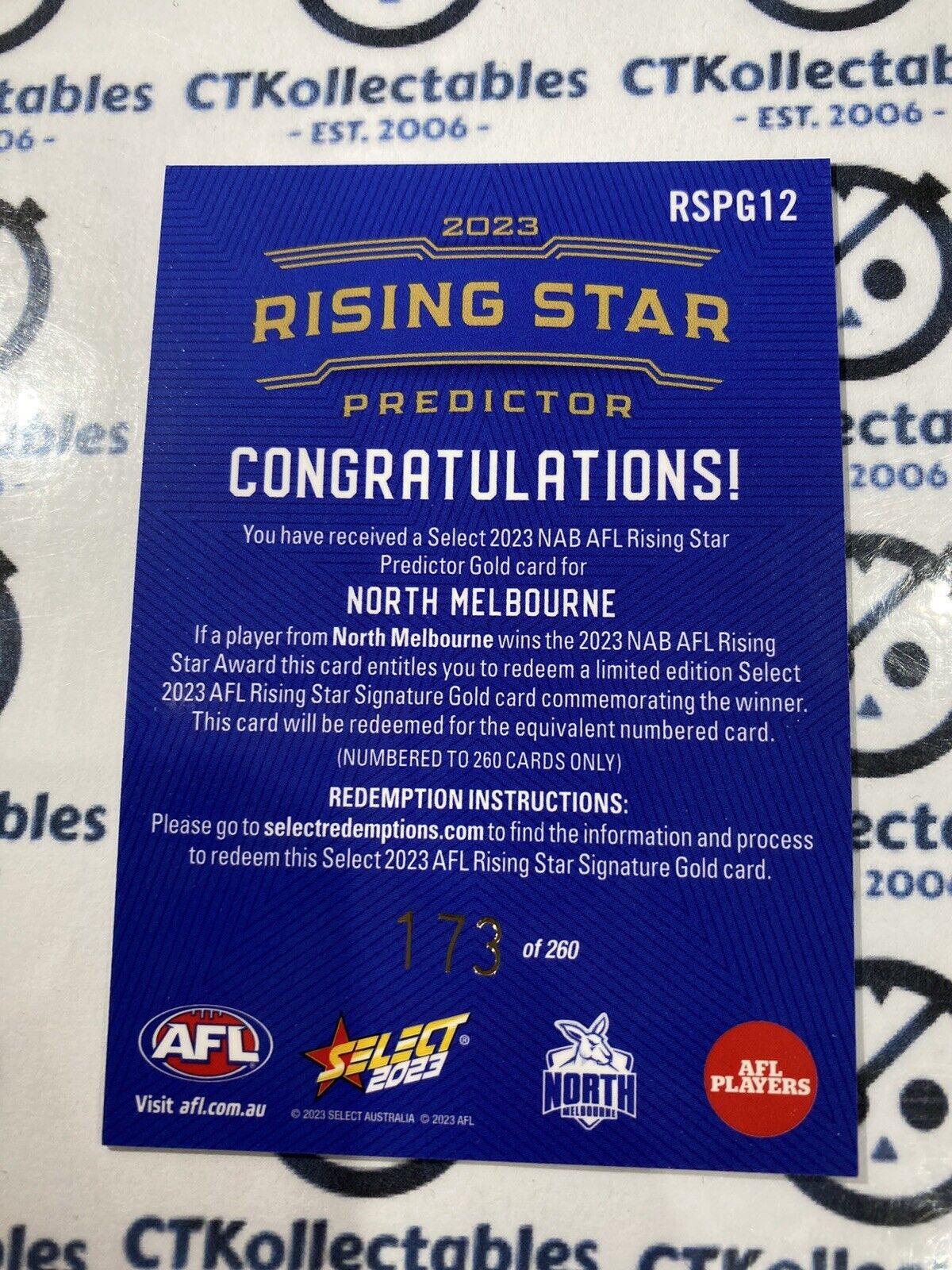 2023 AFL Footy Stars AFL Gold Rising Star Predictor Kangaroos #173/260 RSPG12