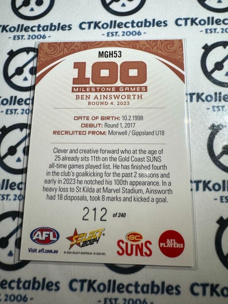 2024 AFL Footy Stars Milestone Games Hobby Ben Ainsworth 212/240 Suns