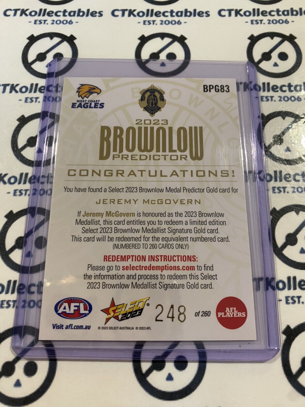 2023 AFL Footy Stars Jeremy Mcgovern Gold Brownlow predictor #248/260 Eagles