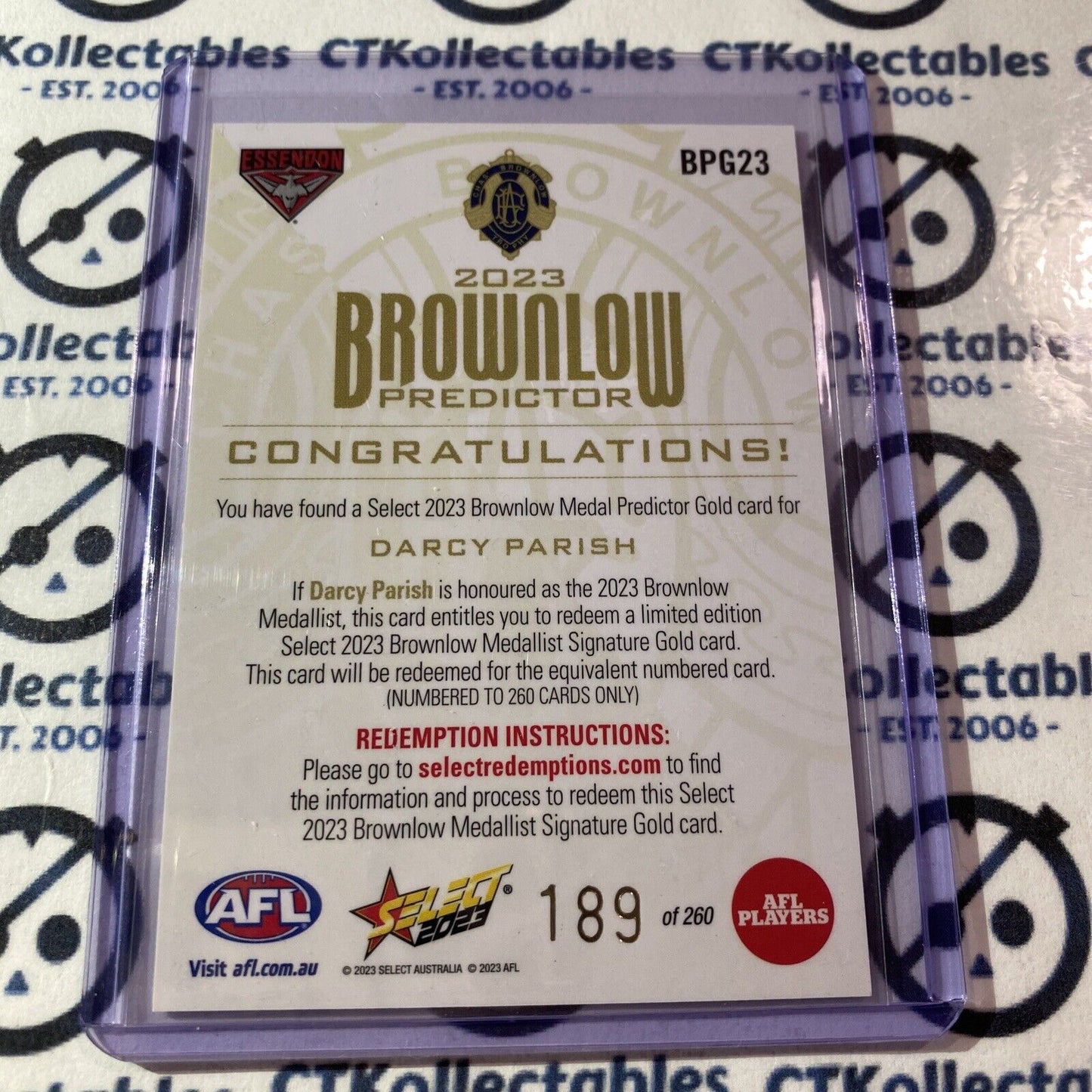 2023 AFL Footy Stars AFL Gold Brownlow Predictor Darcy Parish #189/260 Bombers