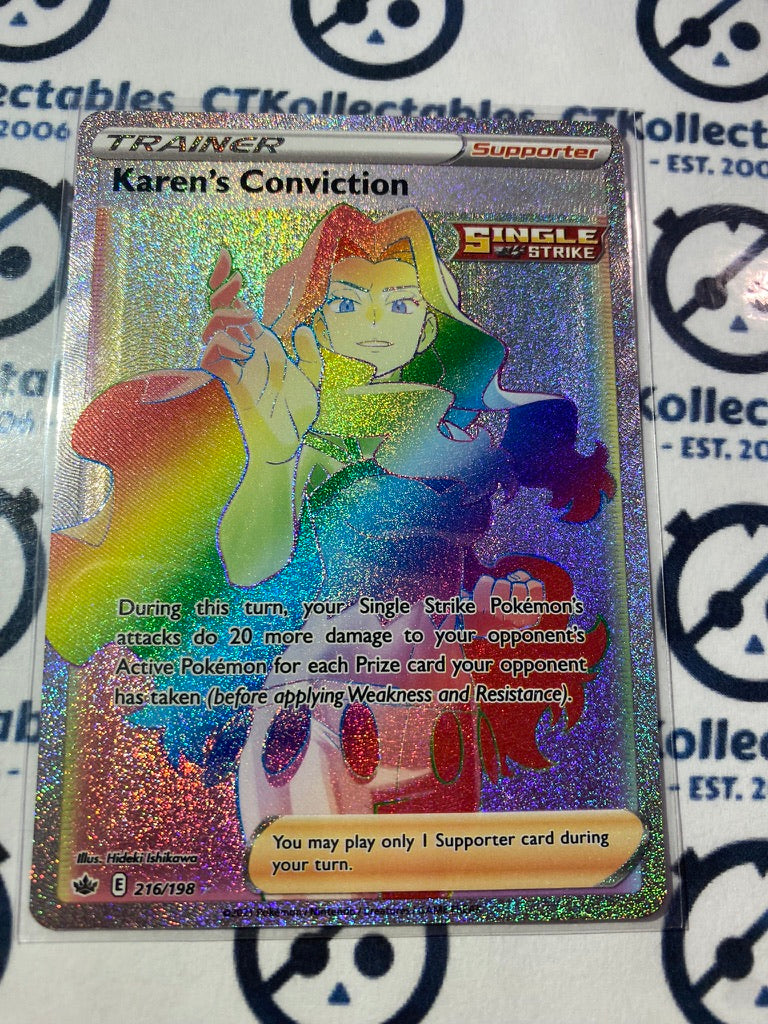 Karen's Conviction Trainer Rainbow Hyper Secret Rare #216/198 Pokémon Card Chilling Reign
