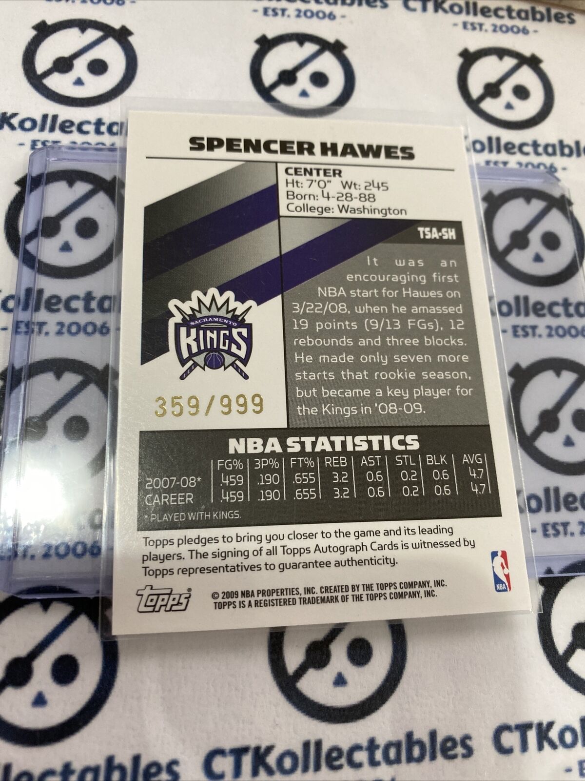 2009 Topps Signatures Spencer Hawes Rookie Auto #359/999 Kings