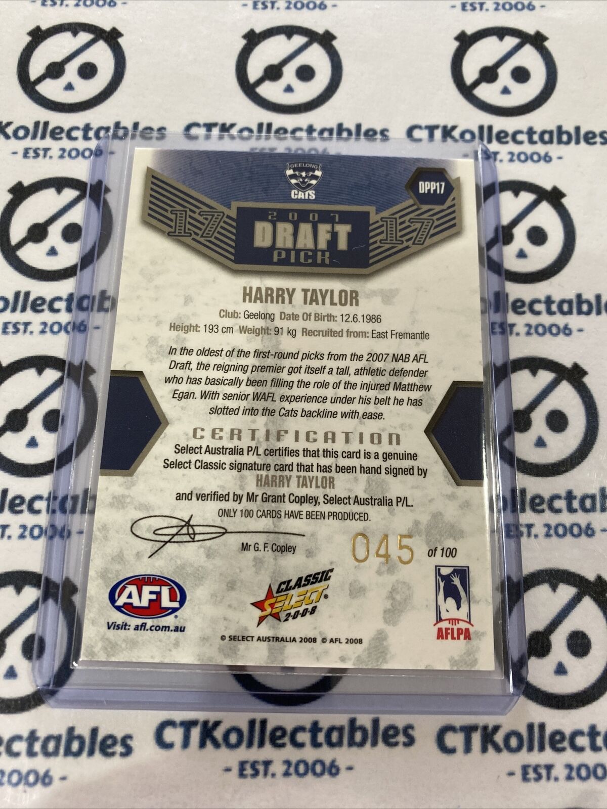 2008 Afl Select Classic Harry Taylor Platinum Draft Pick Sig #045/100 DPP17