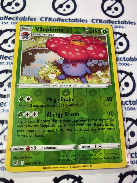 Vileplume Reverse Holo Rare #003/196 2022 Sword & Shield Lost Origin Pokemon Card