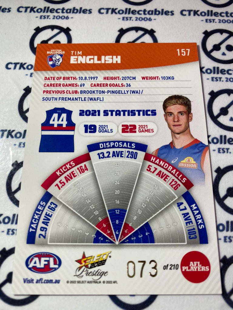 2022 AFL Footy Stars Prestige Tim English Orange Parallel #073/210 Bulldogs