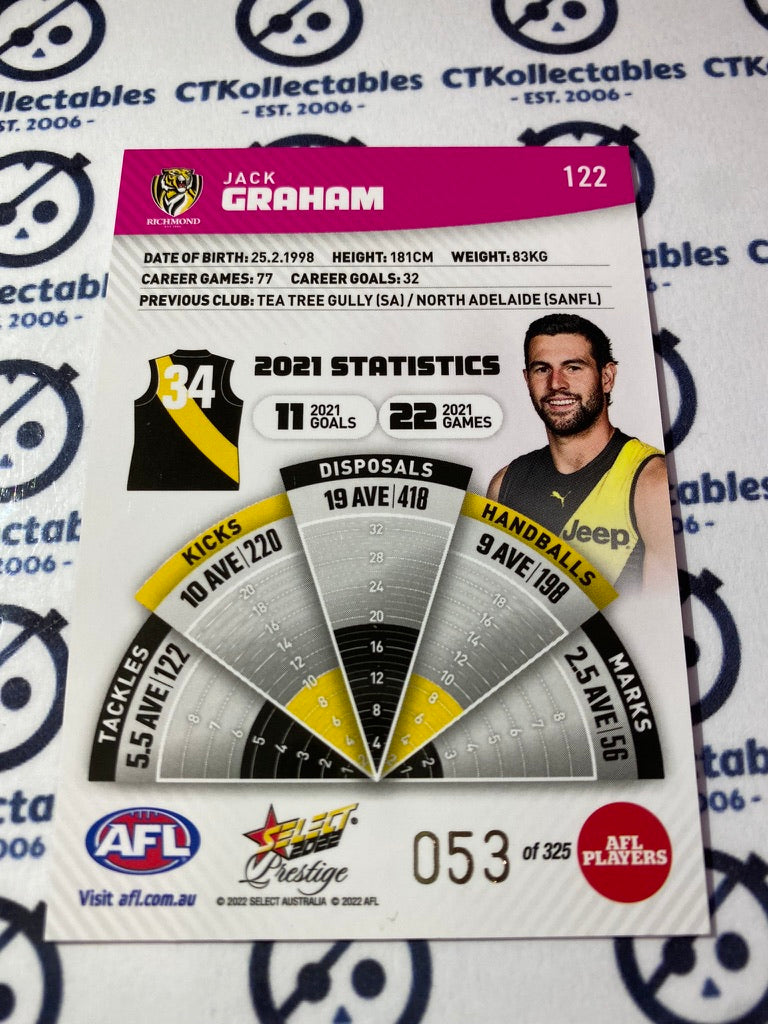 2022 AFL Footy Stars Prestige Jack Graham Pink Parallel #053/325 Tigers