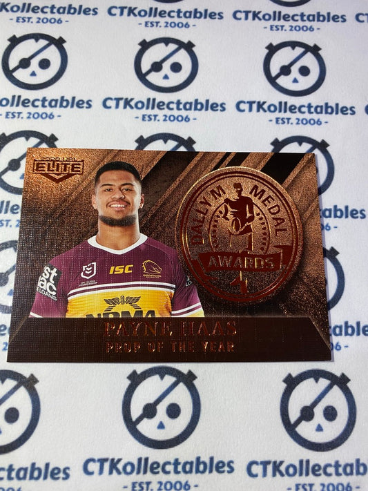 2020 NRL Elite Daly M Medal Payne Haas DM09/18 Broncos